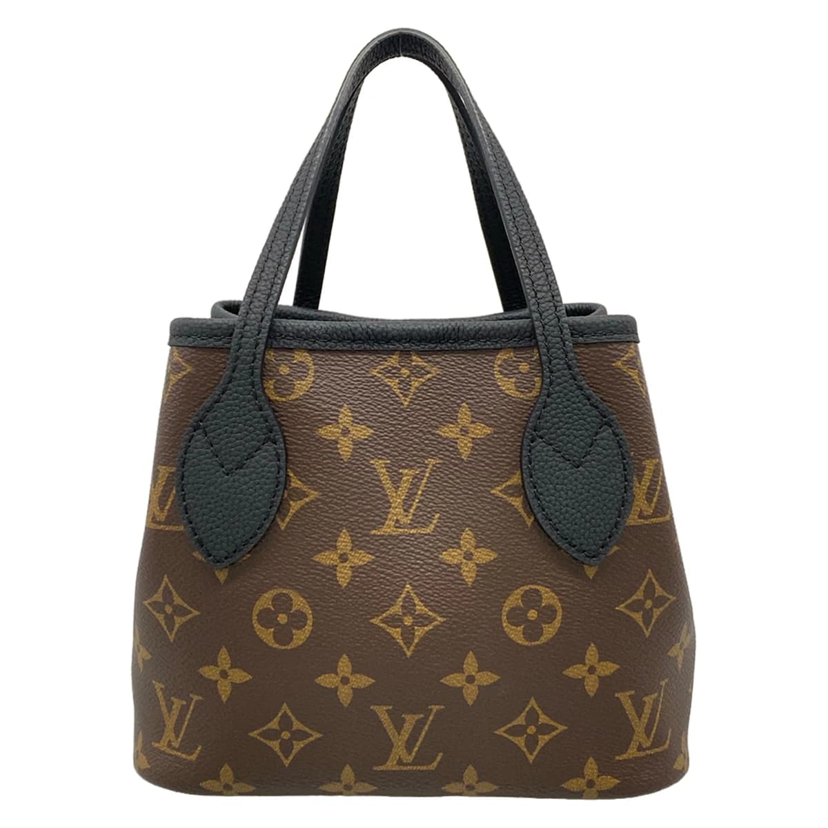 Tote bag with monogram-patterned canvas and black panels, twin top handles.