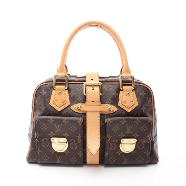 Structured brown monogram-pattern coated canvas handbag with twin leather handles and metal clasps.