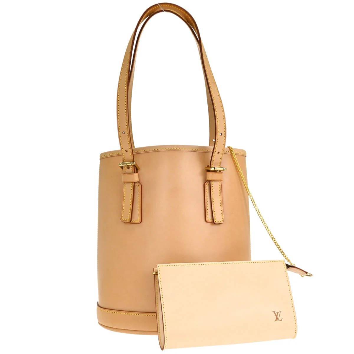 Beige smooth leather tote bag with tall handles and an open top