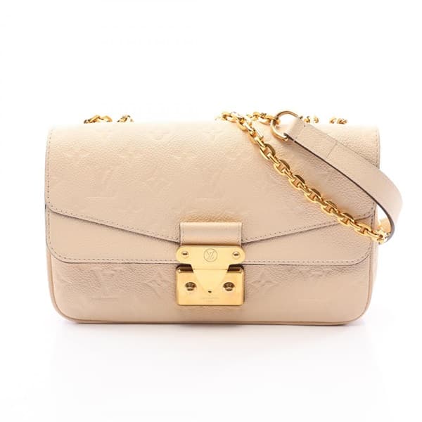 Cream embossed-leather shoulder bag with flap front and gold-tone hardware.