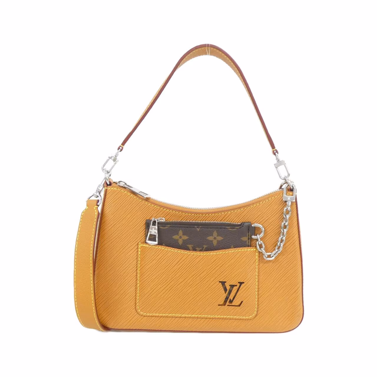 Textured black leather flap bag with silver-tone clasp and a slim shoulder strap.
