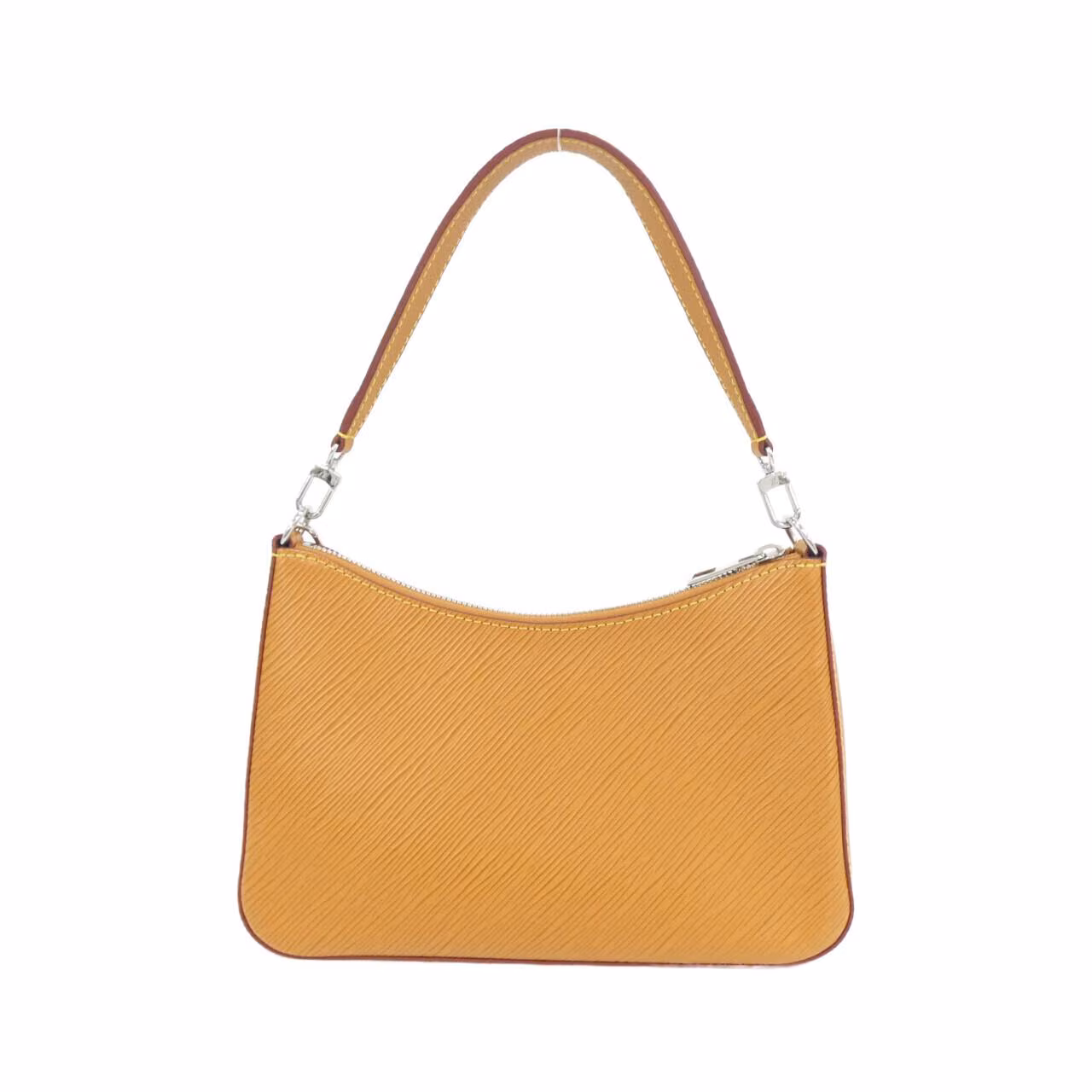 Textured black leather flap bag with silver-tone clasp and a slim shoulder strap.