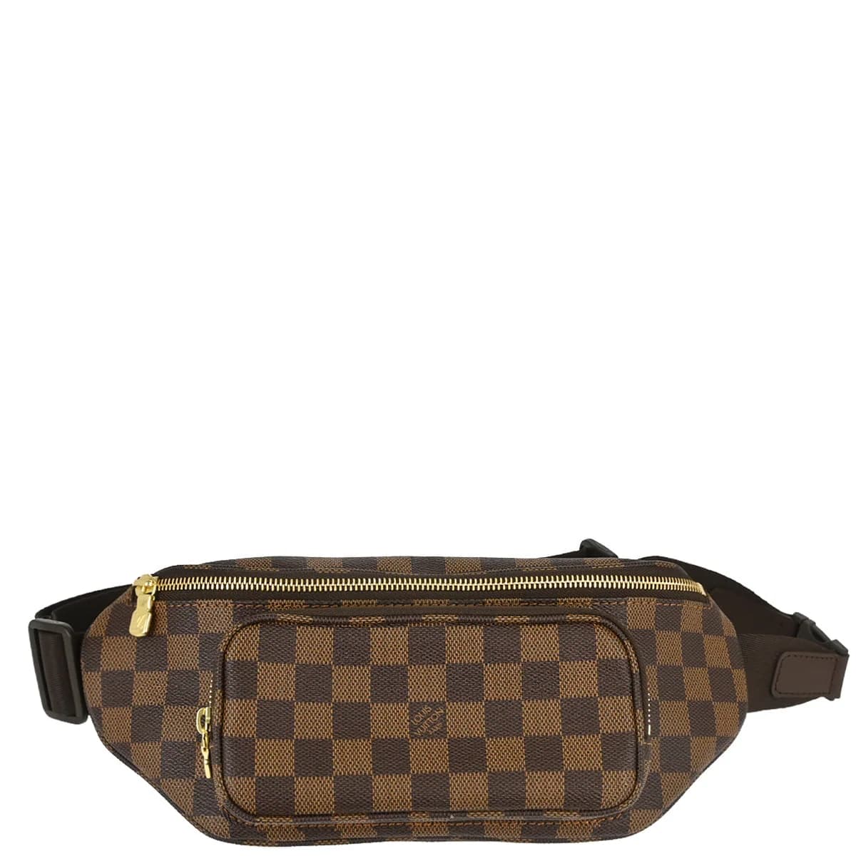 Brown checked coated canvas belt bag with leather trim and a buckled strap, photographed against a plain backdrop