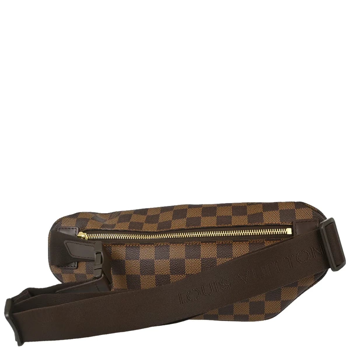 Brown checked coated canvas belt bag with leather trim and a buckled strap, photographed against a plain backdrop
