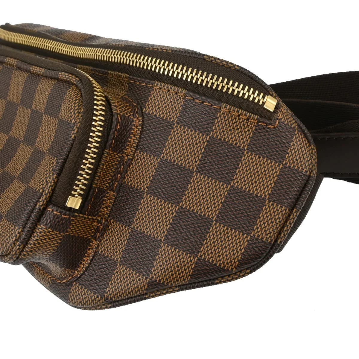 Brown checked coated canvas belt bag with leather trim and a buckled strap, photographed against a plain backdrop