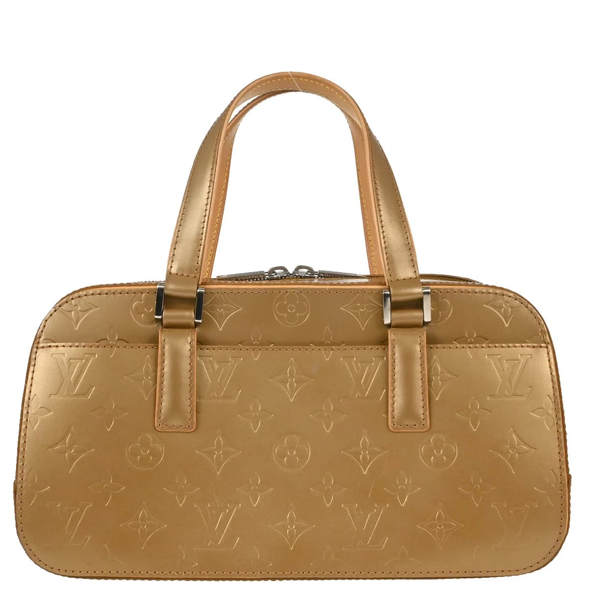Embossed monogram leather handbag in pale gold with two short handles