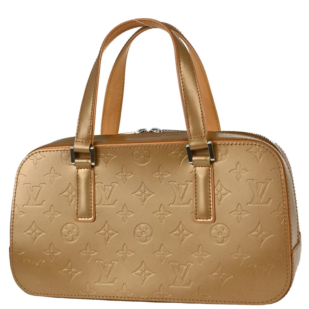 Embossed monogram leather handbag in pale gold with two short handles