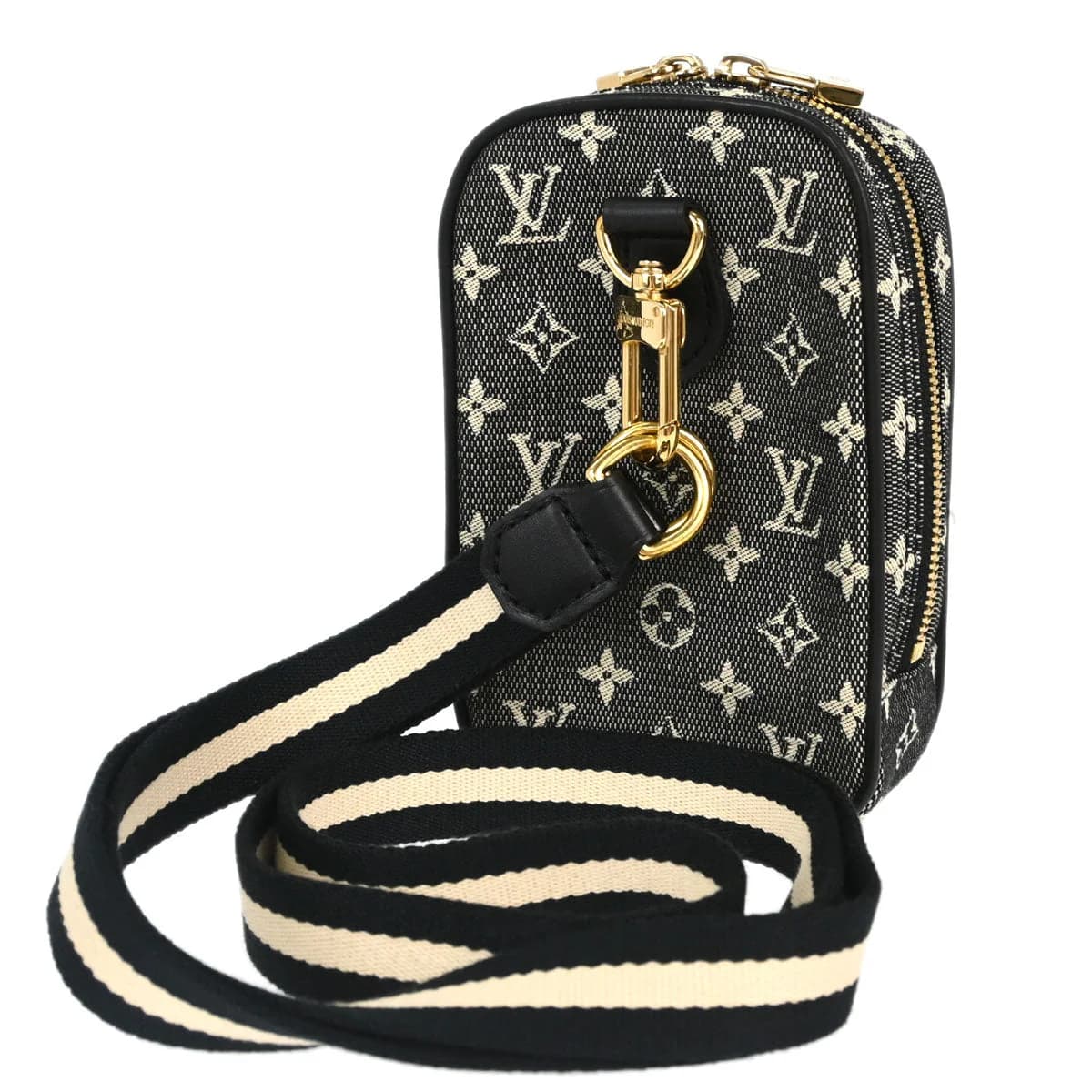 Black monogram-patterned fabric shoulder bag with leather trim and a single strap.