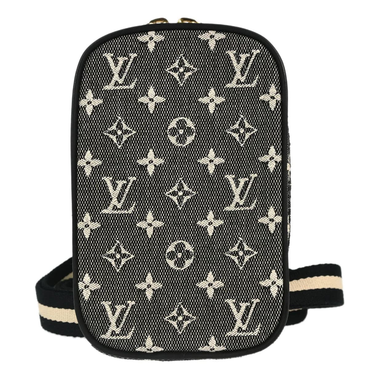 Black monogram-patterned fabric shoulder bag with leather trim and a single strap.