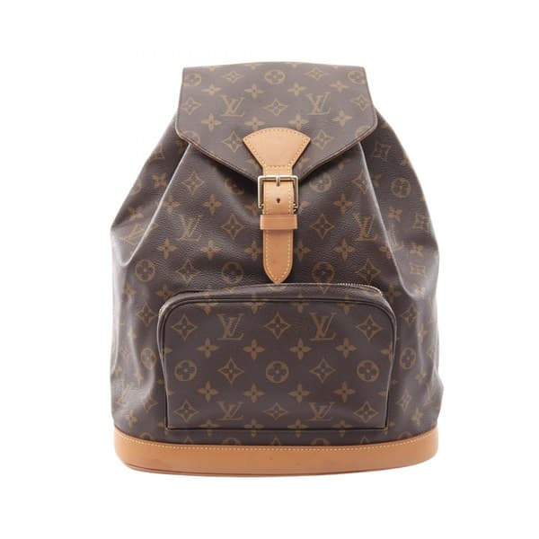 Brown monogram-patterned canvas backpack with leather straps and buckled flap pockets.