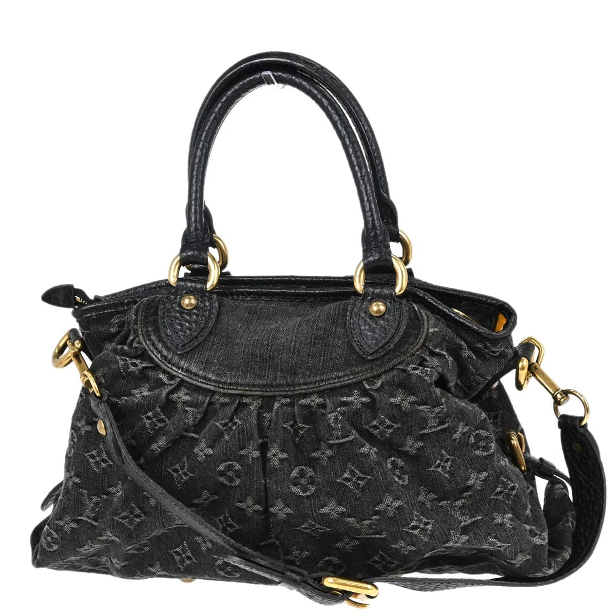 Black denim tote with woven monogram pattern, rolled handles and a detachable strap.