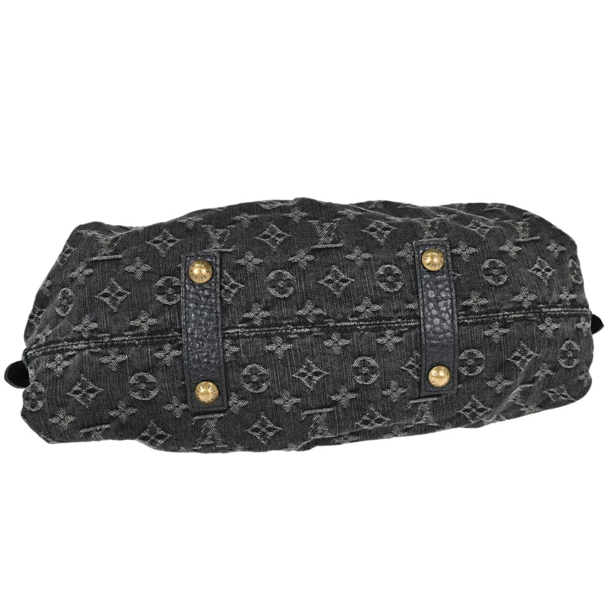 Black denim tote with woven monogram pattern, rolled handles and a detachable strap.