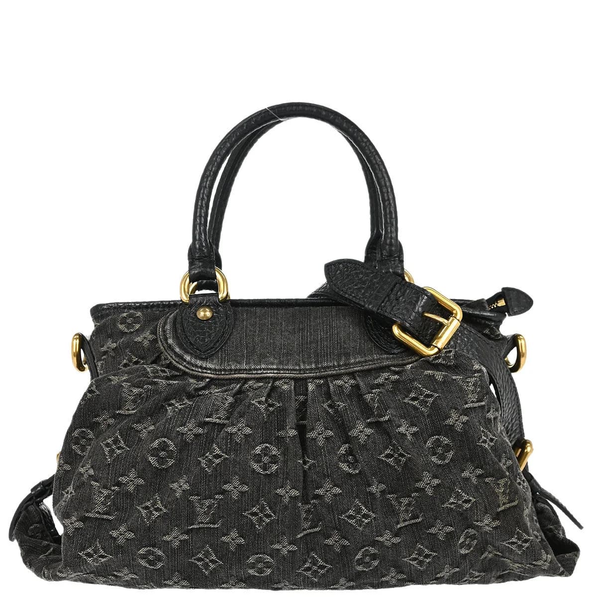 Black denim tote with woven monogram pattern, rolled handles and a detachable strap.