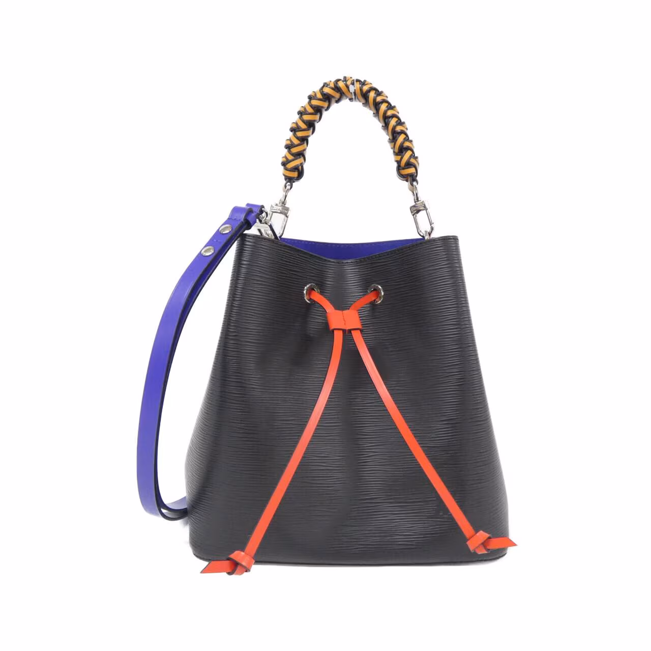 Bucket-shaped shoulder bag with a drawstring top and long strap.