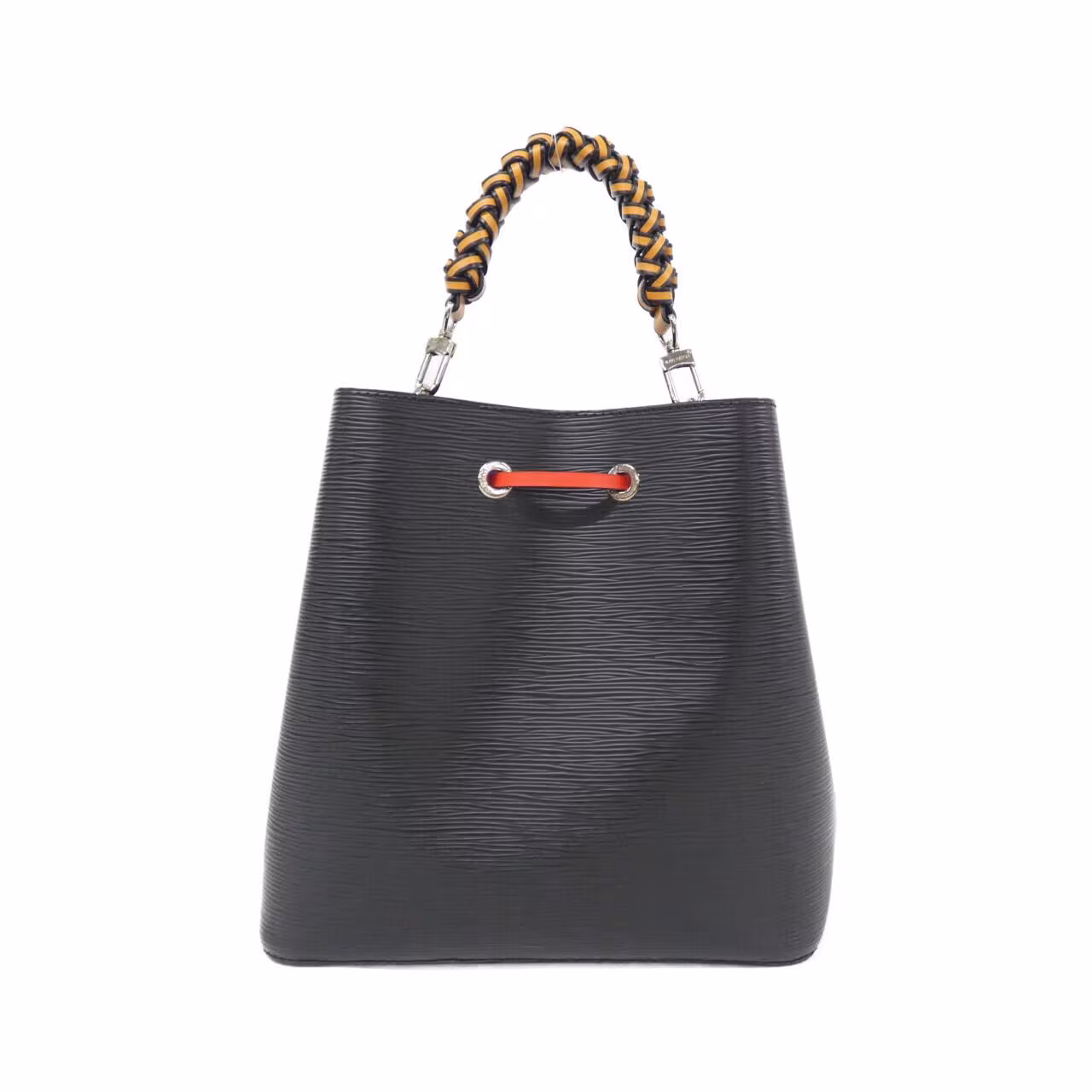 Bucket-shaped shoulder bag with a drawstring top and long strap.