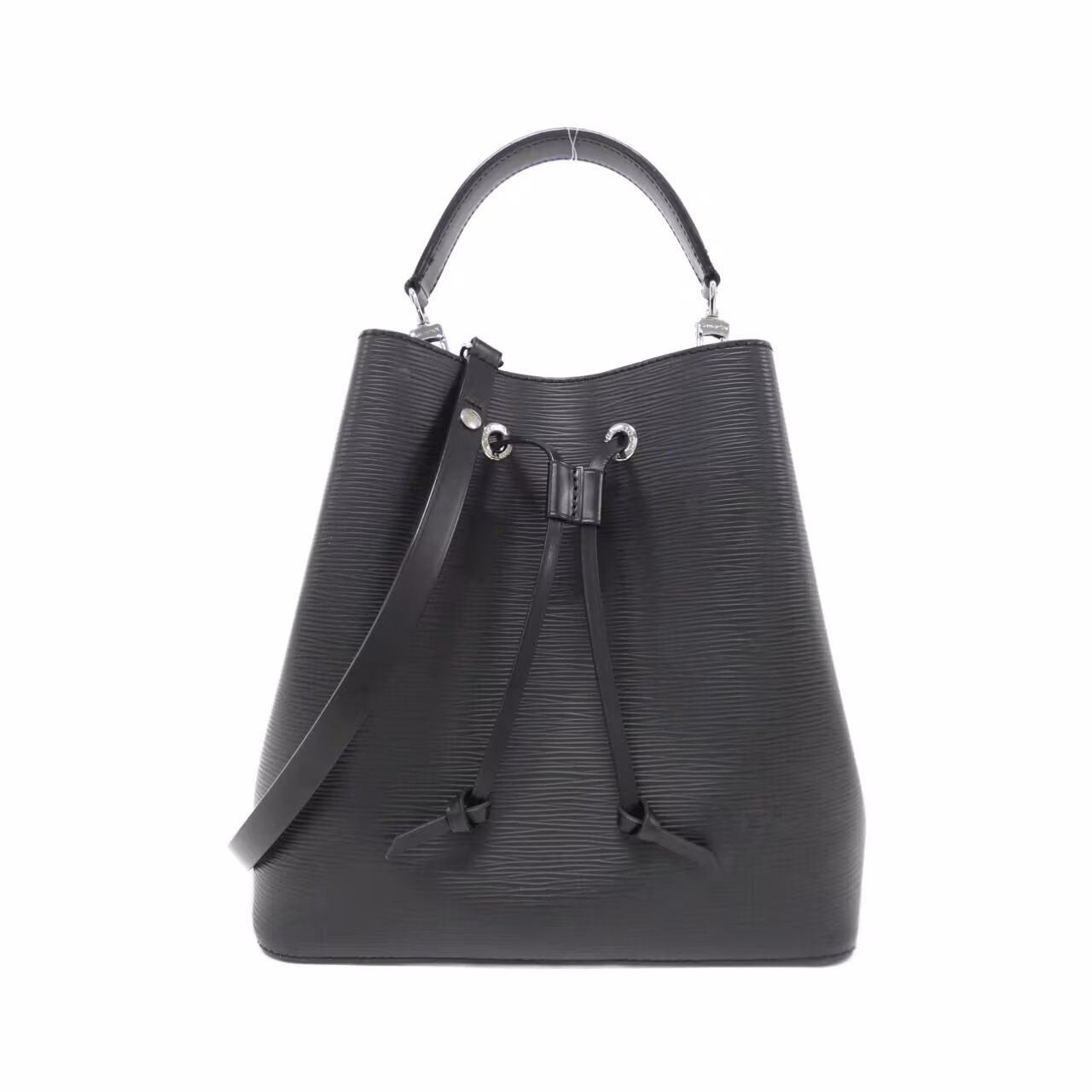 Textured black leather bucket bag with a drawstring top and a long shoulder strap.