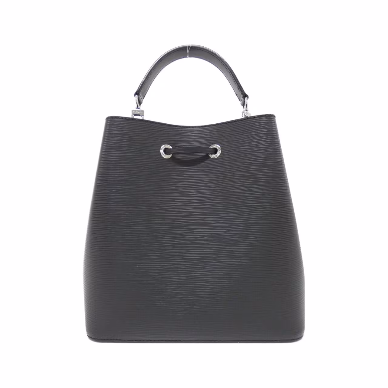 Textured black leather bucket bag with a drawstring top and a long shoulder strap.
