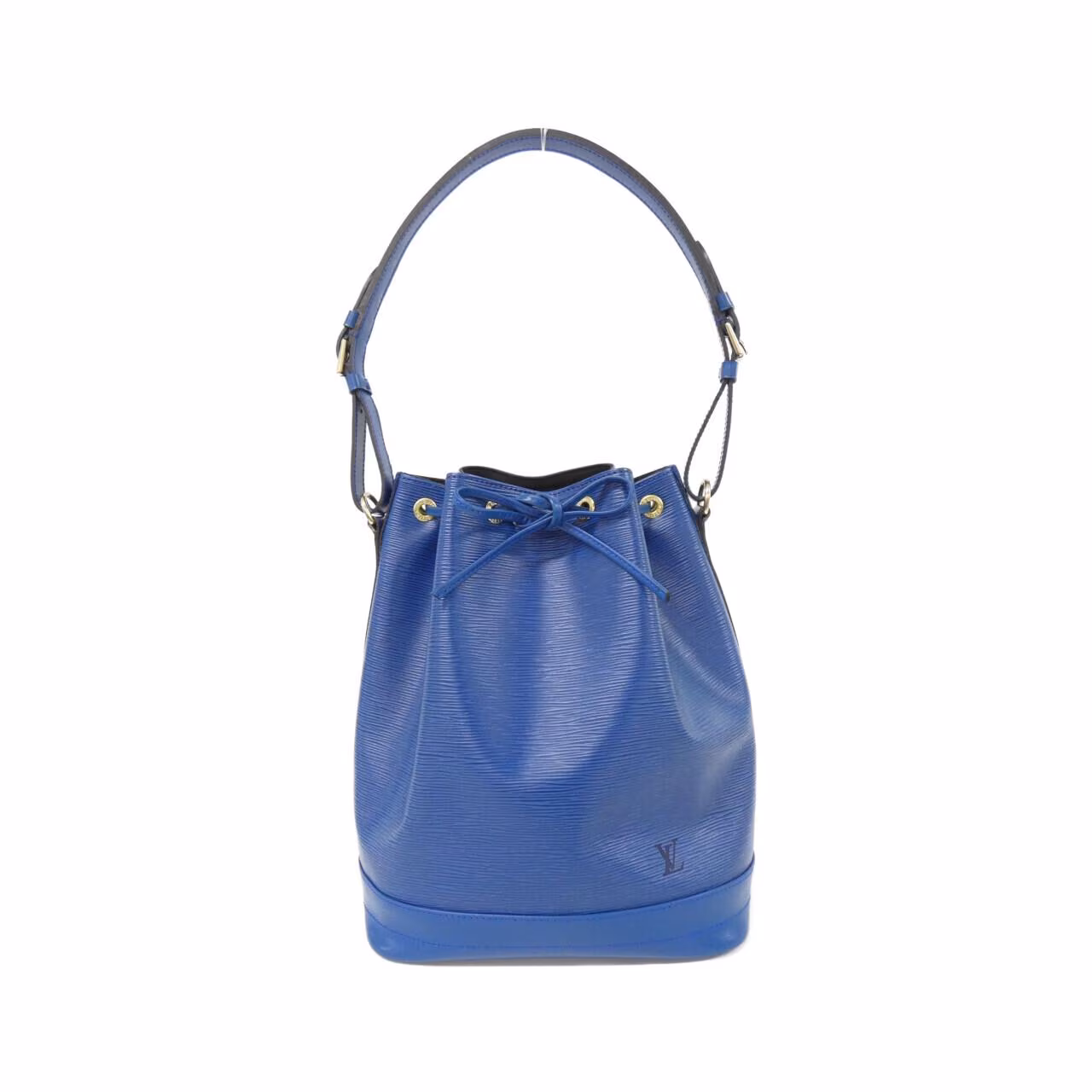 Textured black leather bucket bag with drawstring top and single adjustable strap.