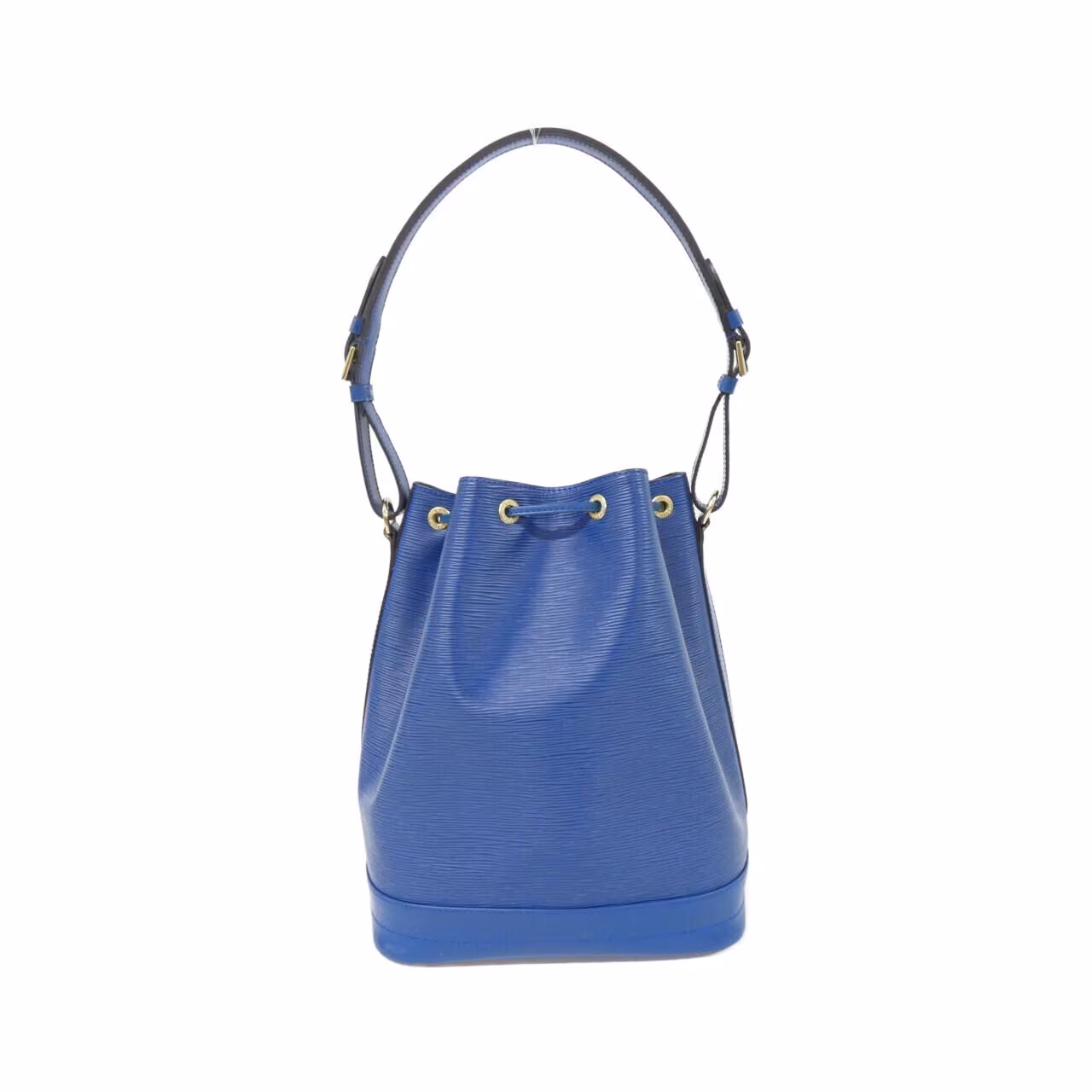 Textured black leather bucket bag with drawstring top and single adjustable strap.