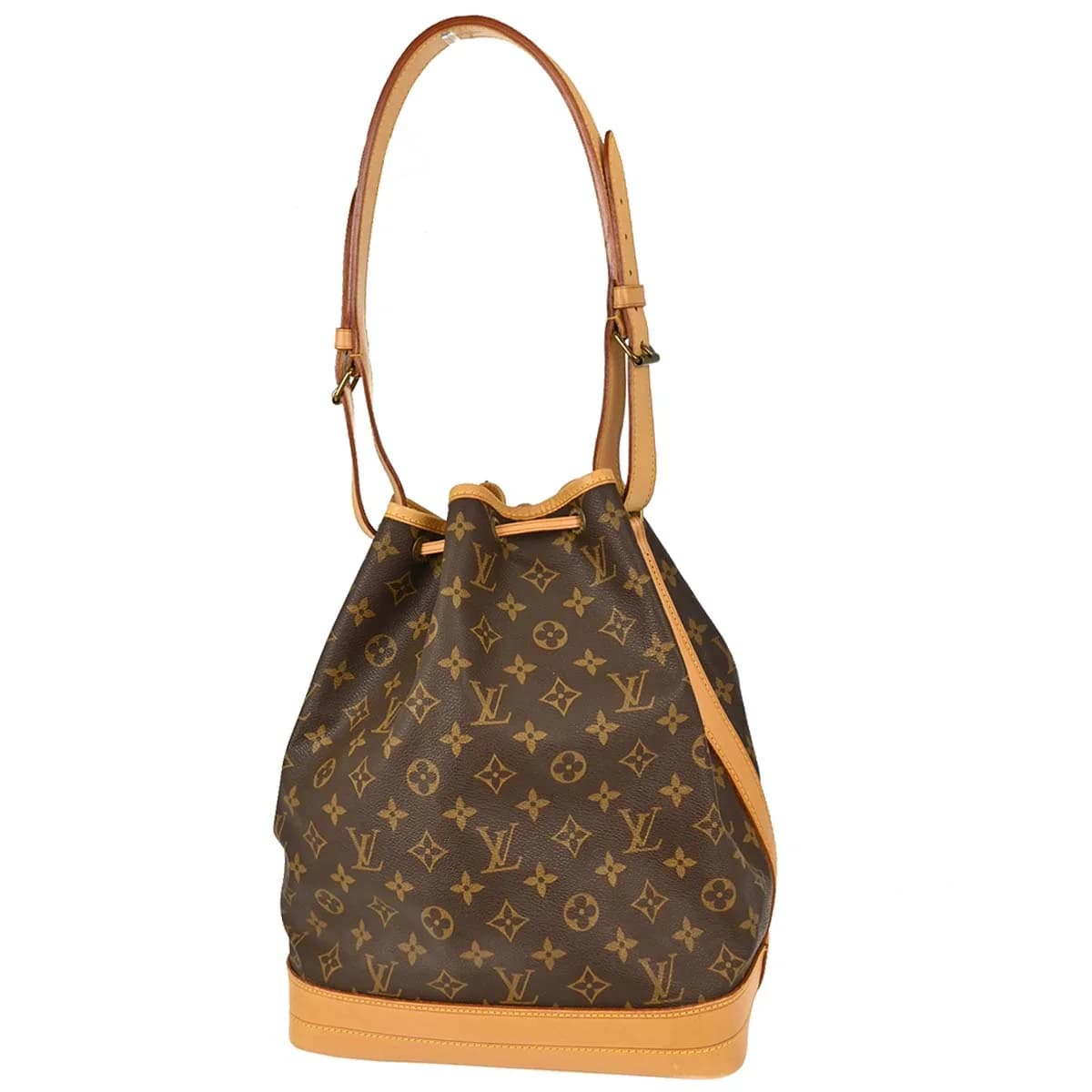Brown monogram canvas bucket bag with drawstring top and single shoulder strap.