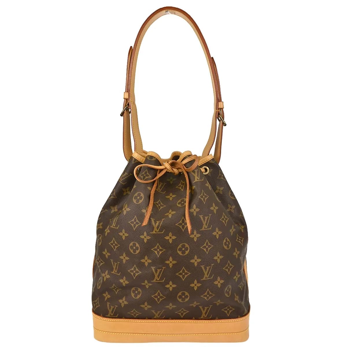 Brown monogram canvas bucket bag with drawstring top and single shoulder strap.
