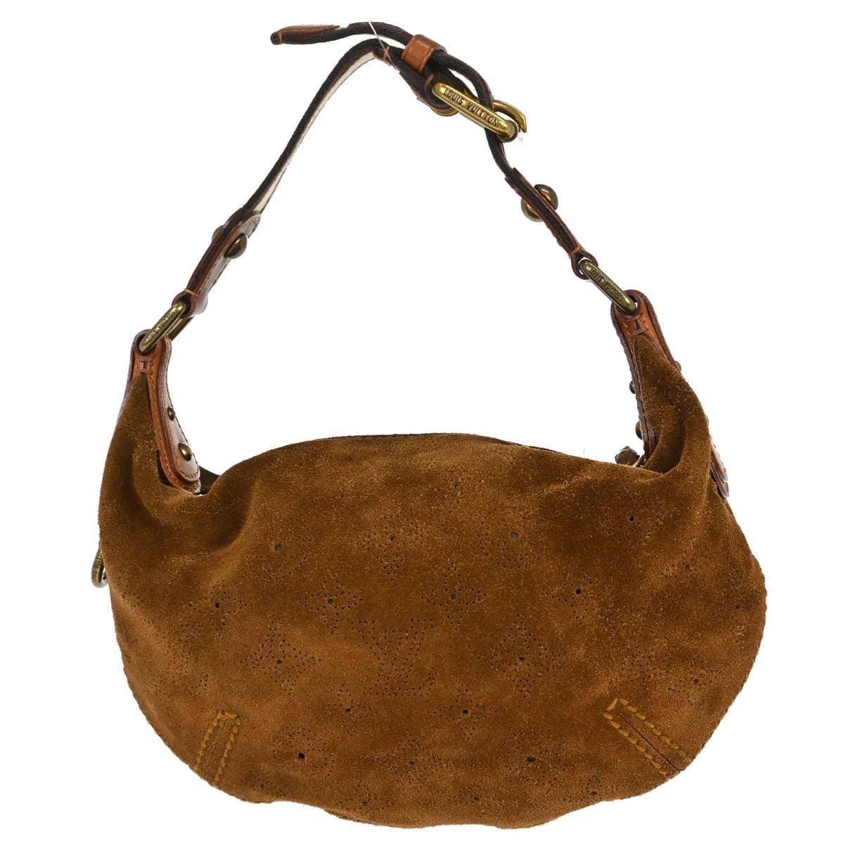Soft brown suede handbag with embossed monogram pattern and leather-trimmed handles
