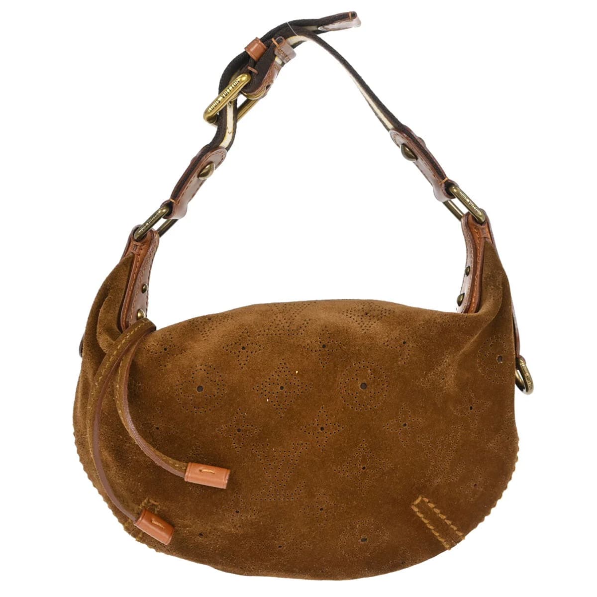 Soft brown suede handbag with embossed monogram pattern and leather-trimmed handles