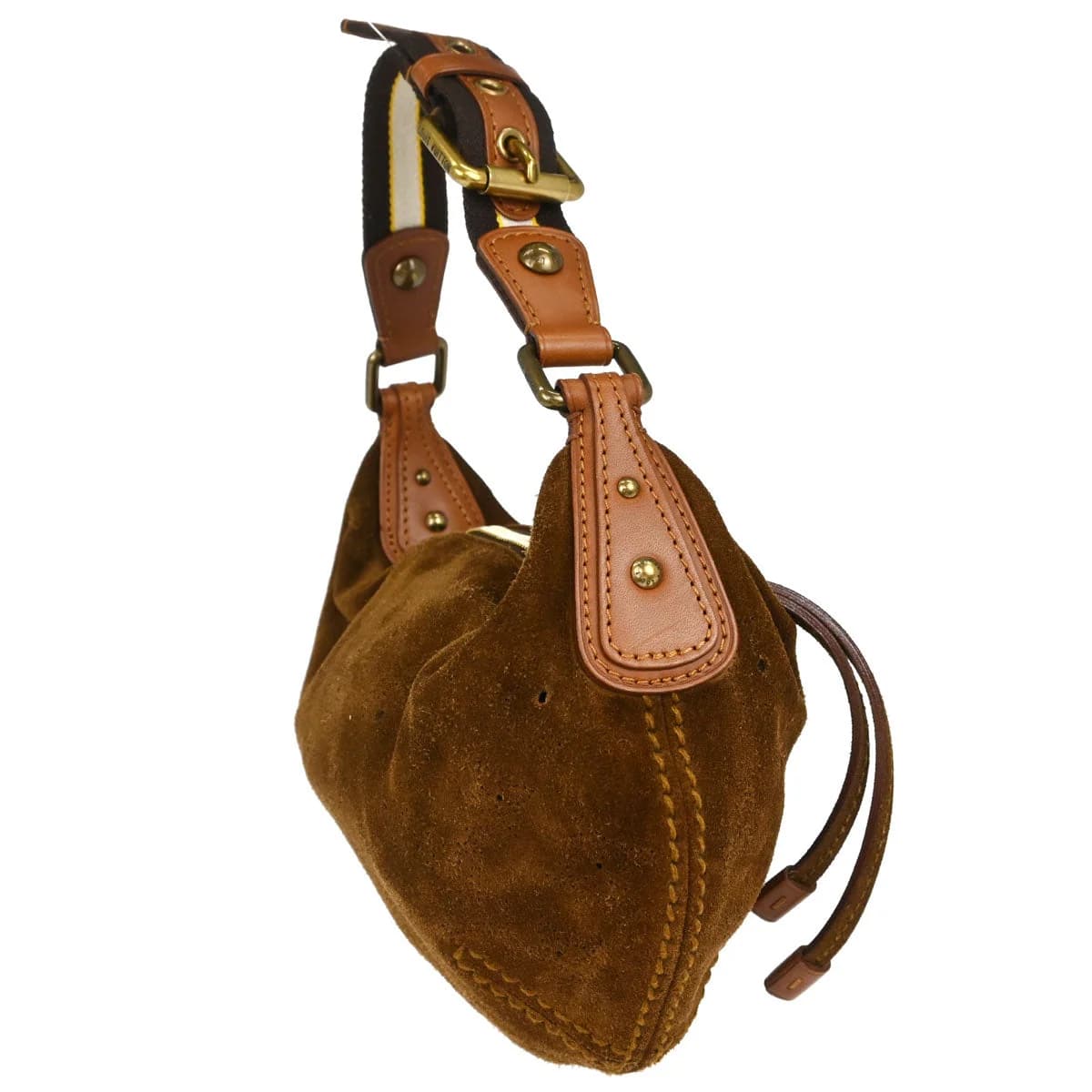 Soft brown suede handbag with embossed monogram pattern and leather-trimmed handles