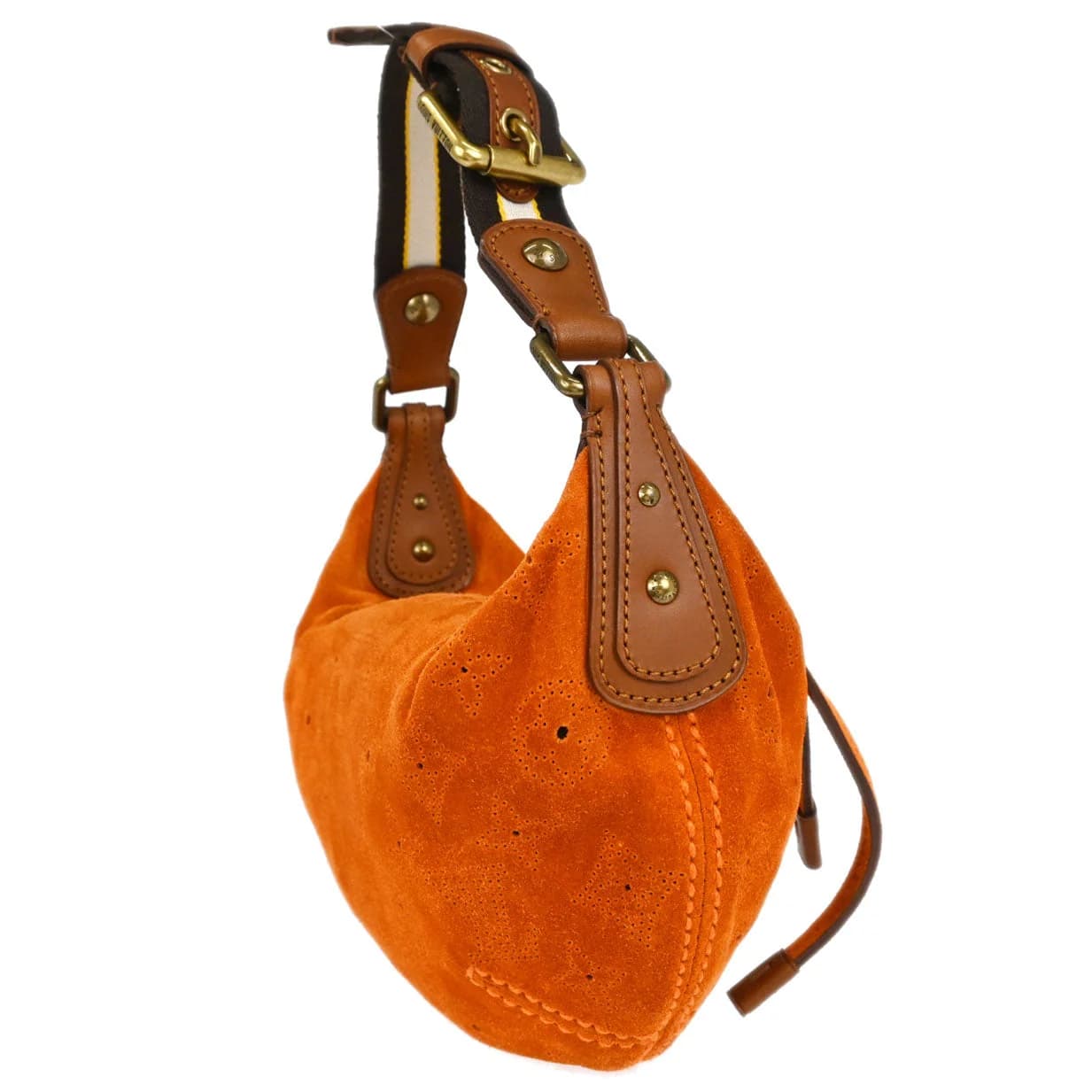 Soft orange suede handbag with embossed monogram pattern and curved shoulder handle.