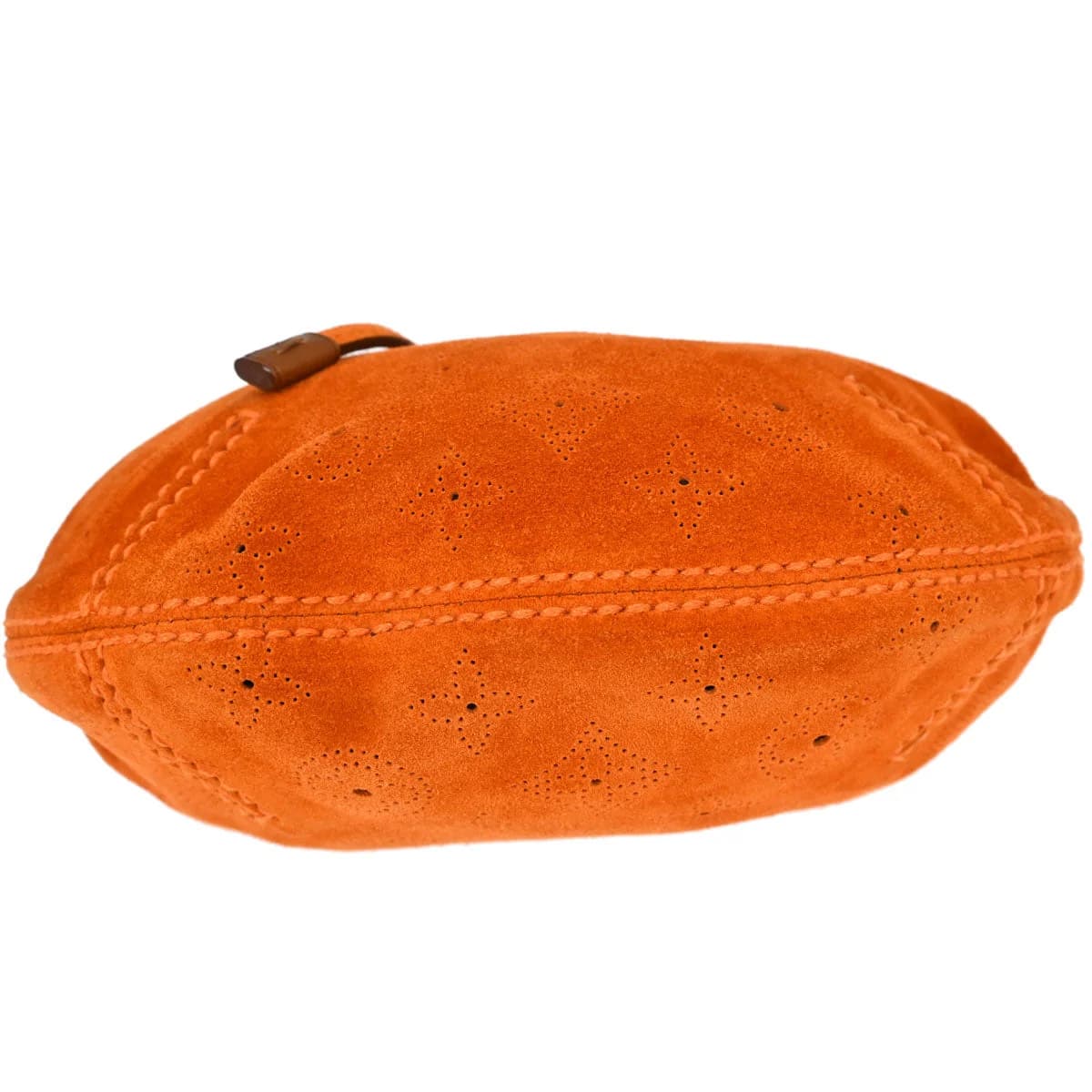 Soft orange suede handbag with embossed monogram pattern and curved shoulder handle.