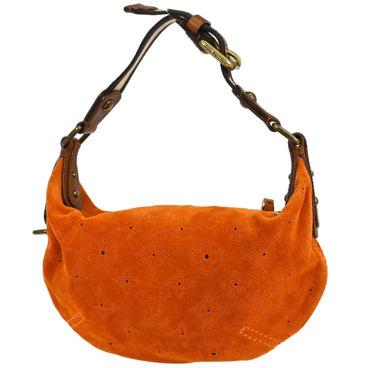 Soft orange suede handbag with embossed monogram pattern and curved shoulder handle.