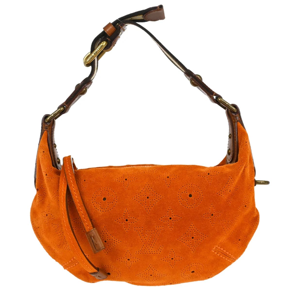 Soft orange suede handbag with embossed monogram pattern and curved shoulder handle.