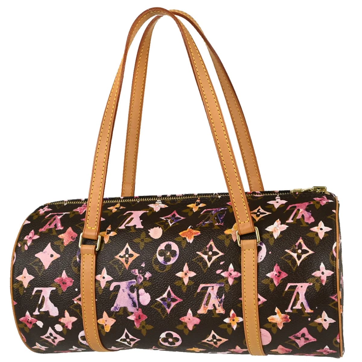 Cylindrical barrel-shaped bag in watercolour-printed canvas with pale leather handles and trim
