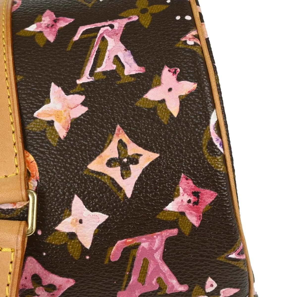 Cylindrical barrel-shaped bag in watercolour-printed canvas with pale leather handles and trim