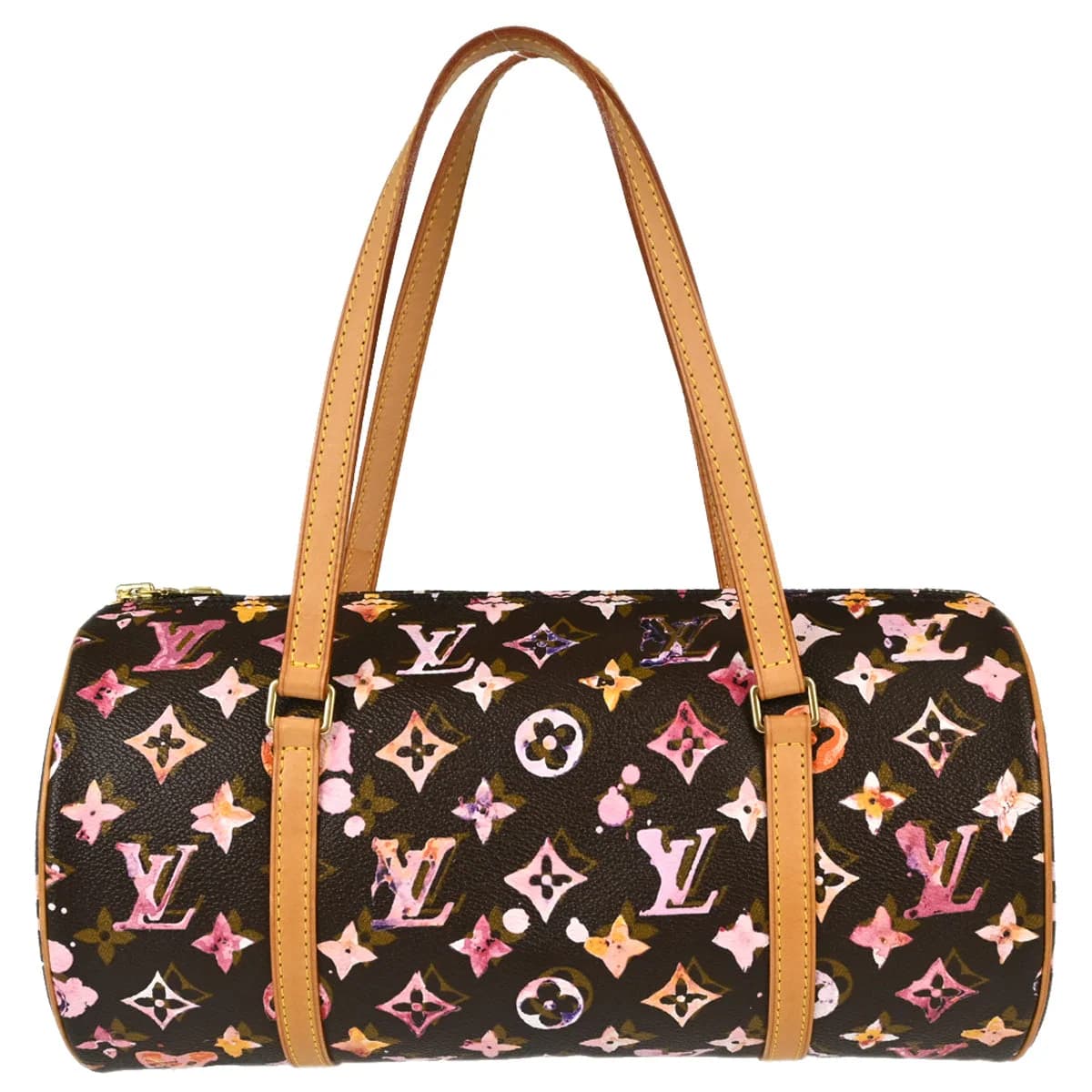 Cylindrical barrel-shaped bag in watercolour-printed canvas with pale leather handles and trim