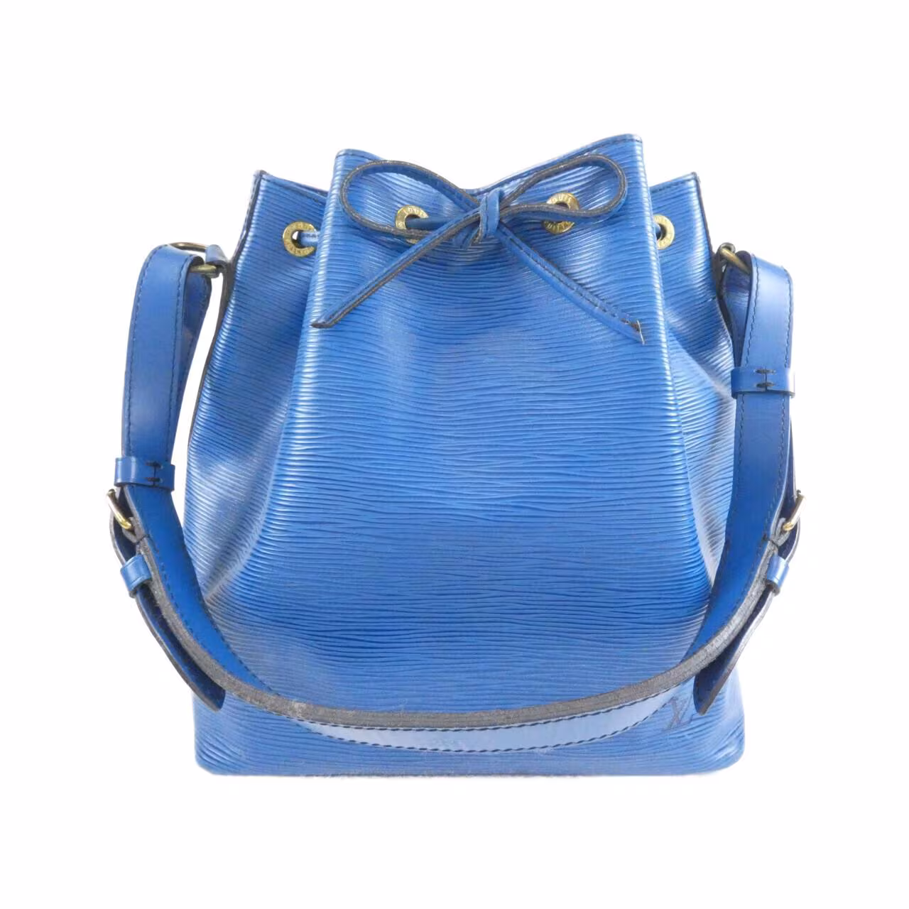 Bucket-shaped textured leather shoulder bag with drawstring closure.
