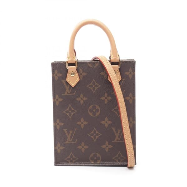 Product photograph of a very small rectangular monogram-canvas tote with top handles.