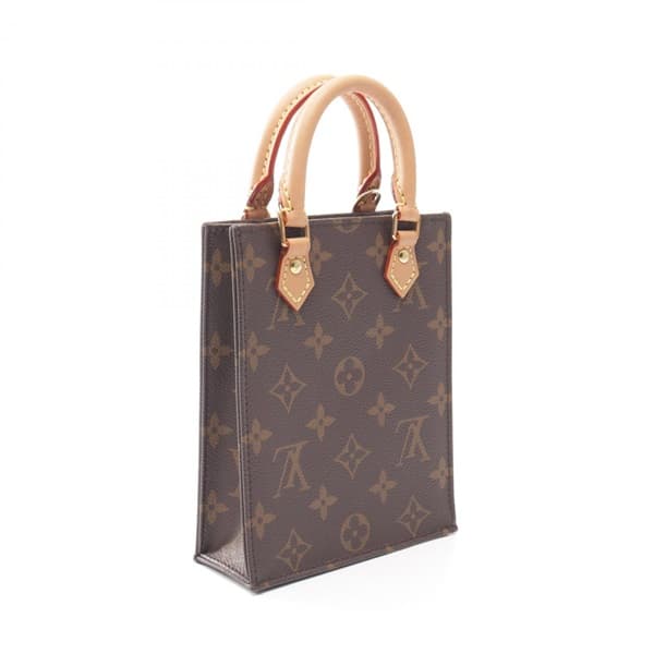 Product photograph of a very small rectangular monogram-canvas tote with top handles.