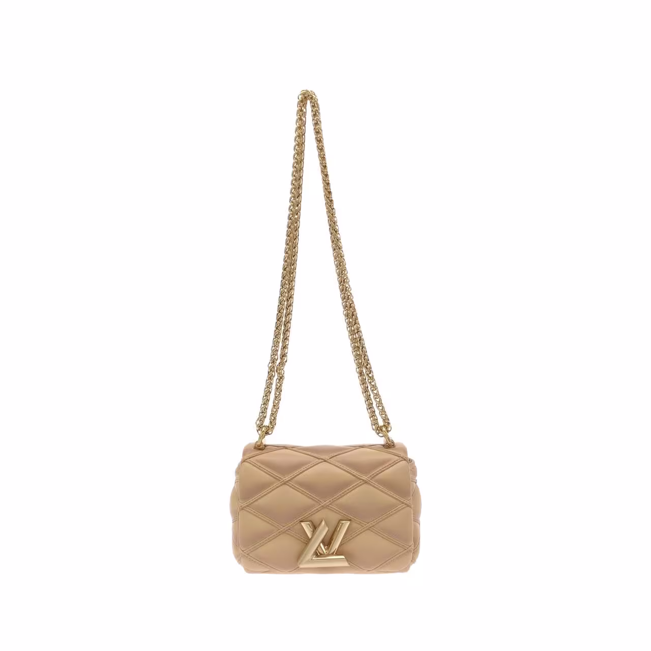 Small quilted shoulder bag with a chain strap.