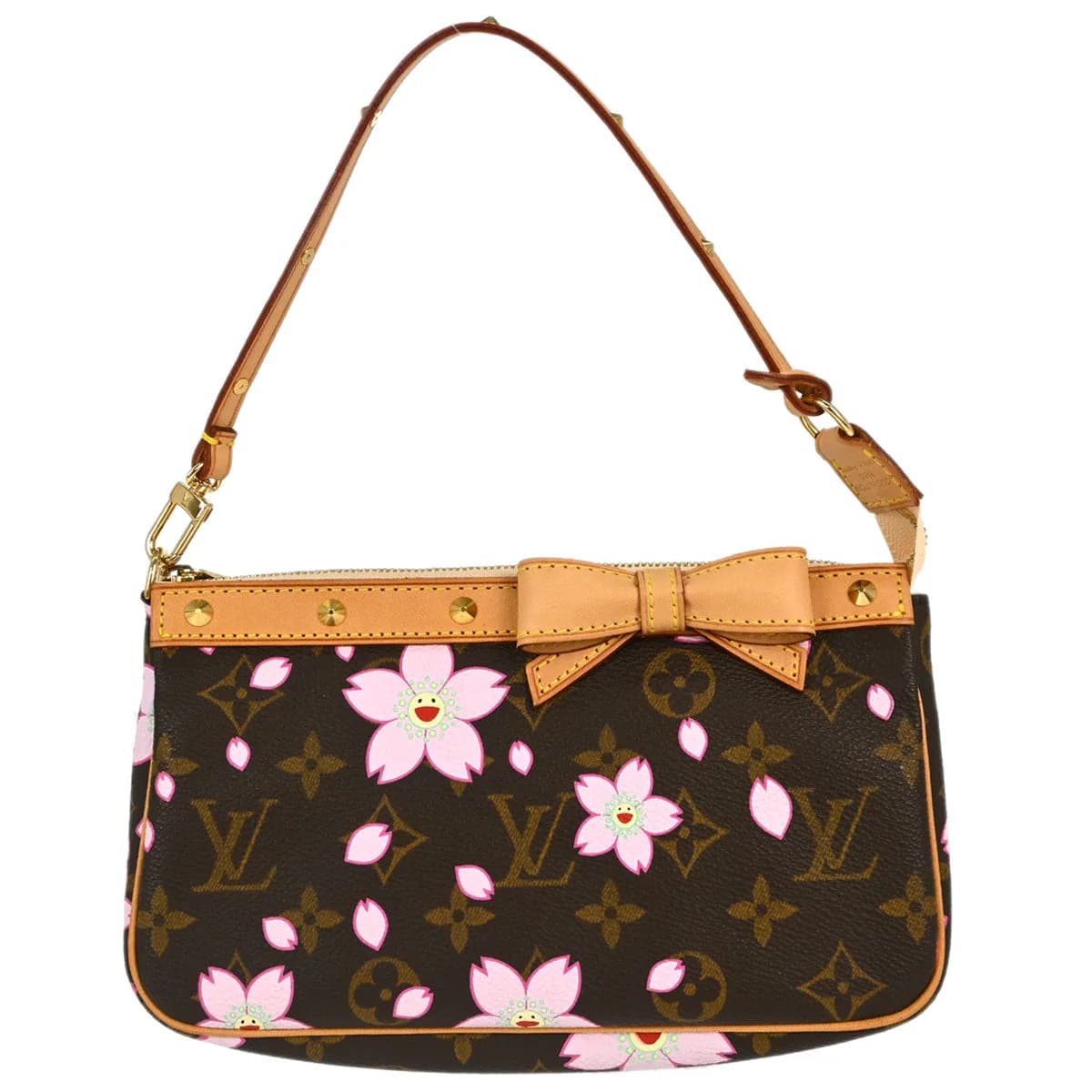 Small brown monogram canvas pouch printed with pink and cream flowers, with a short strap