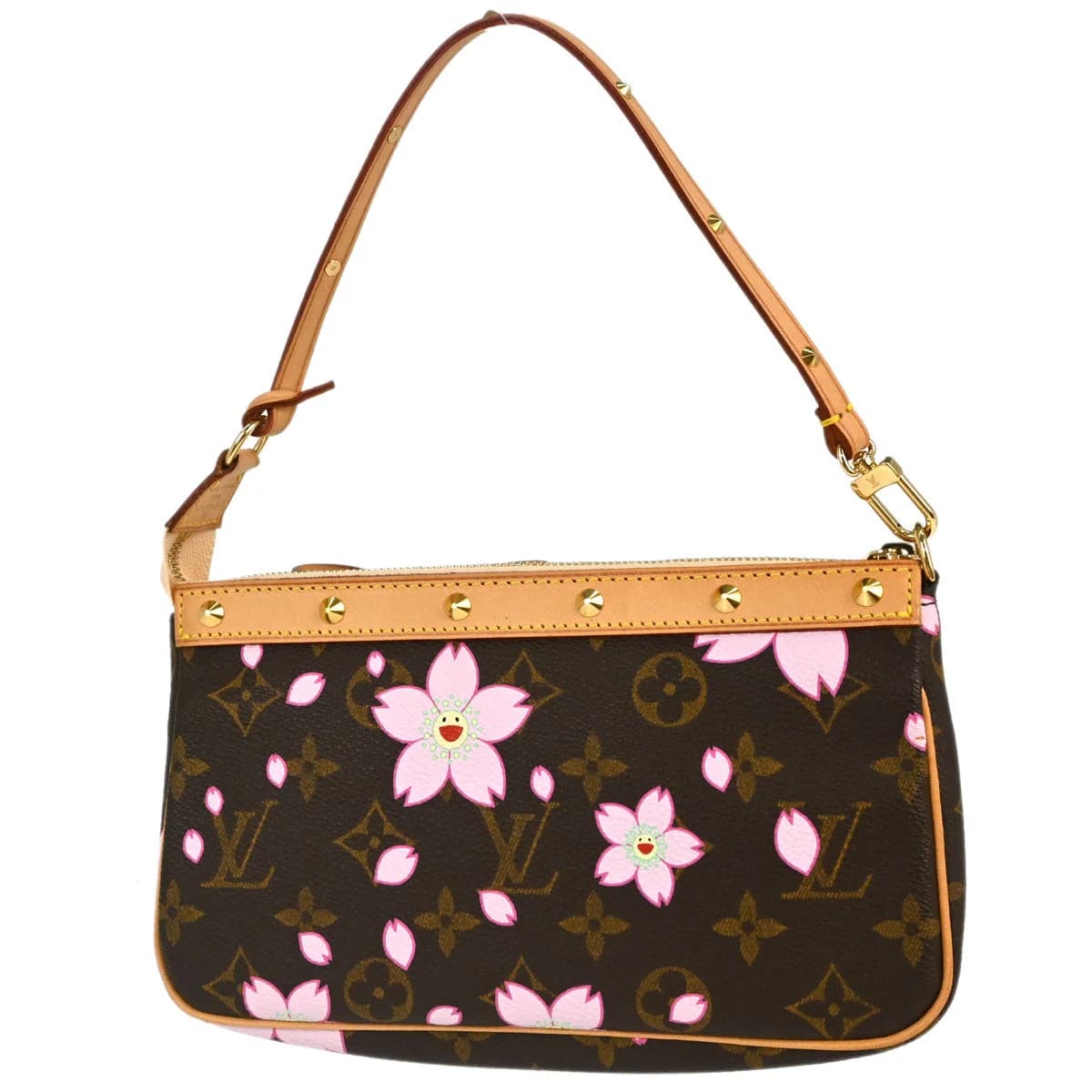Small brown monogram canvas pouch printed with pink and cream flowers, with a short strap