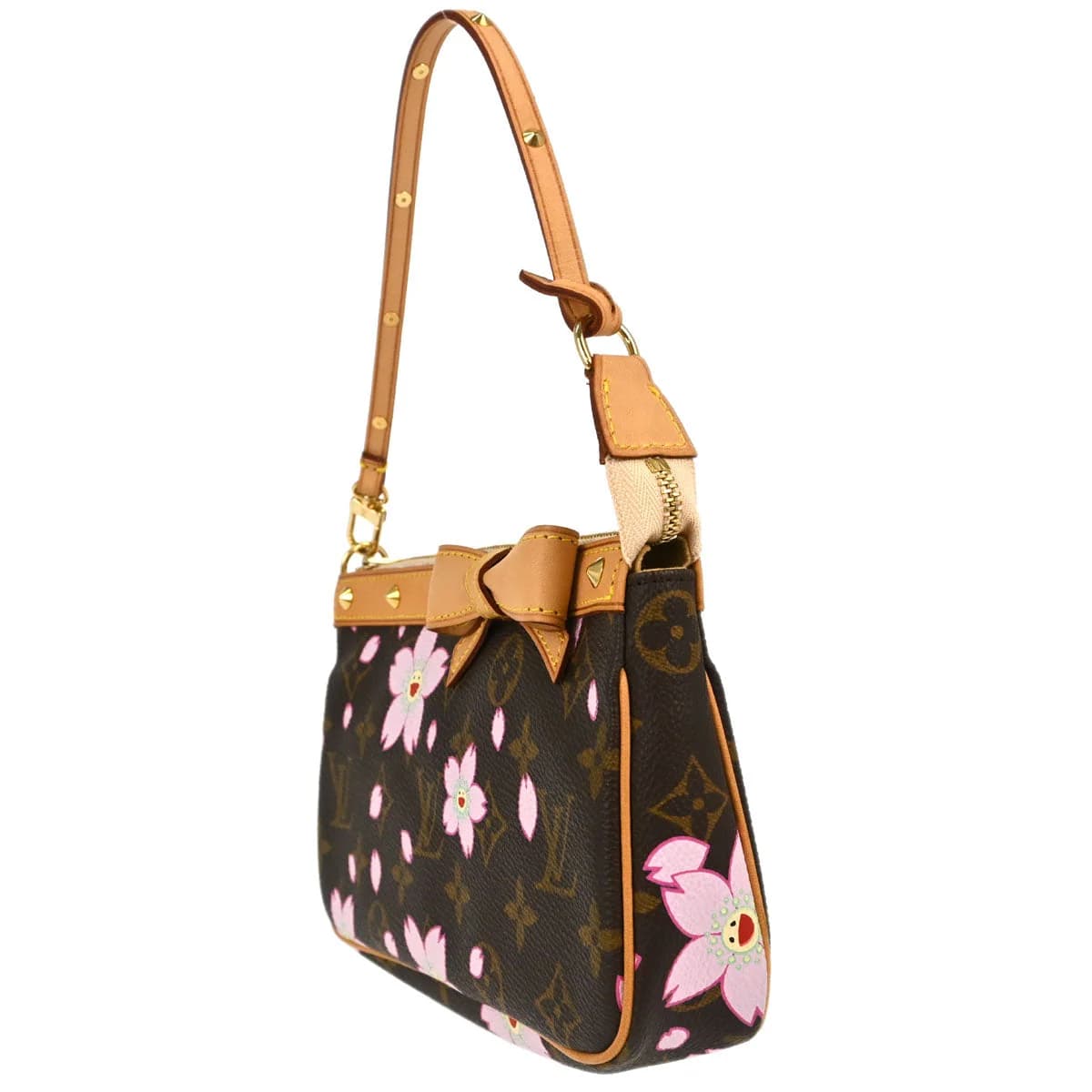 Small brown monogram canvas pouch printed with pink and cream flowers, with a short strap
