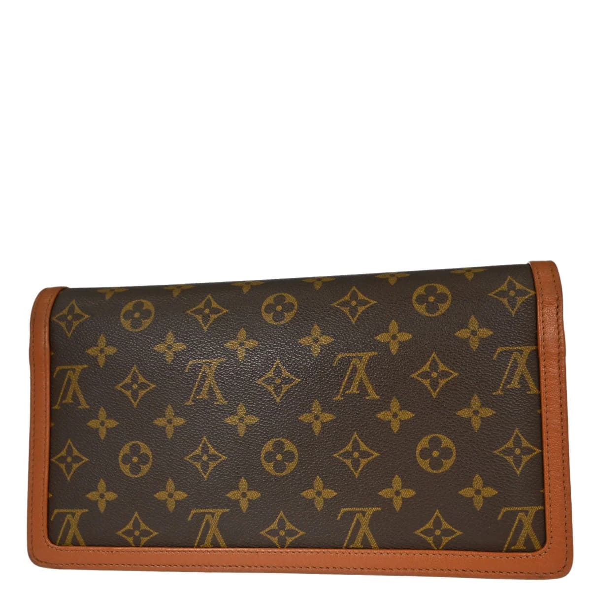 Flat brown monogram-patterned canvas clutch with leather trim.
