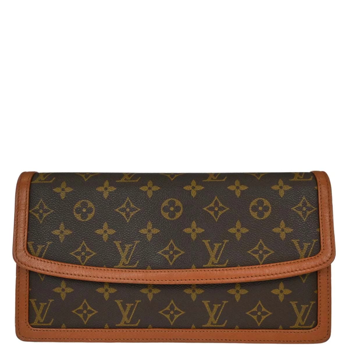 Flat brown monogram-patterned canvas clutch with leather trim.