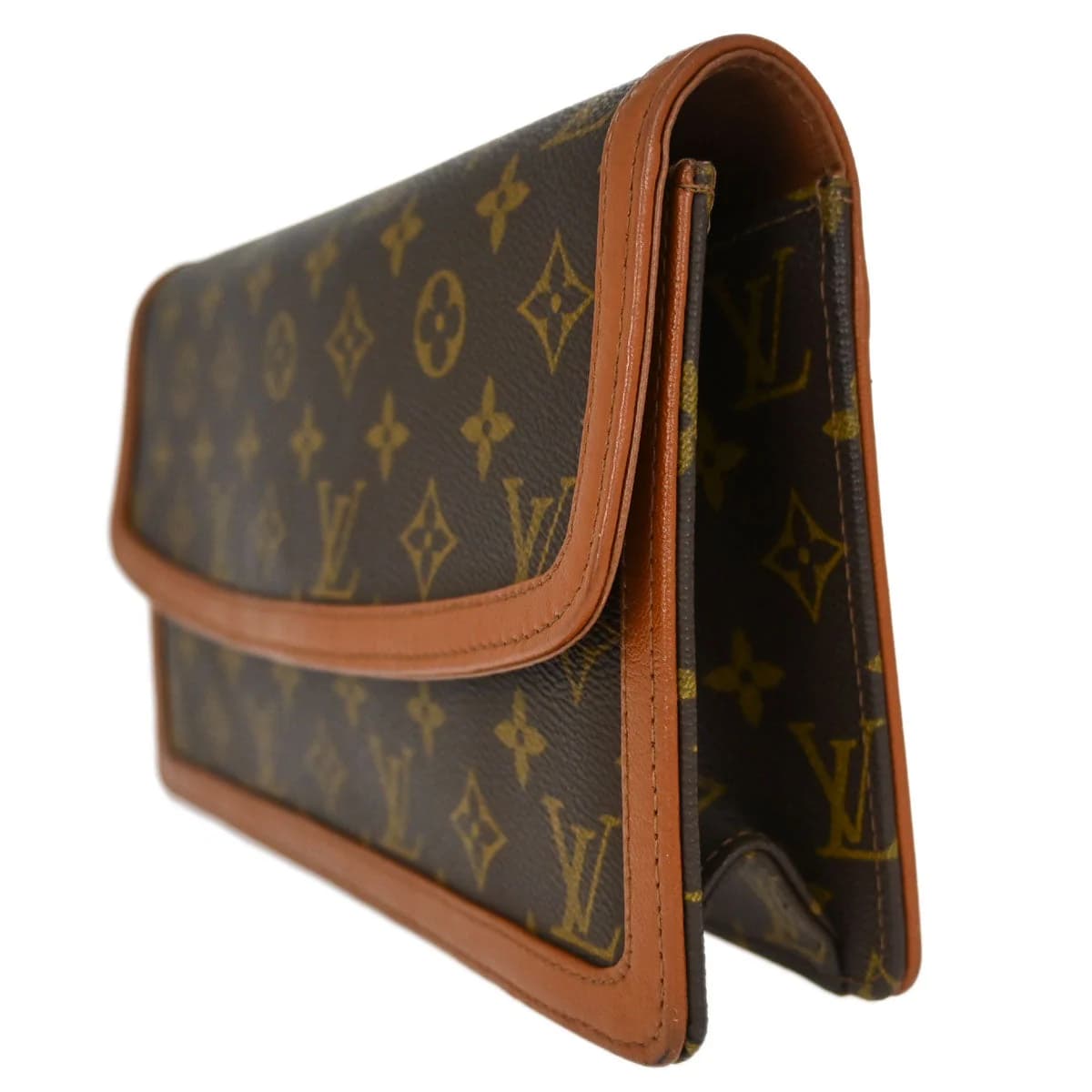 Flat brown monogram-patterned canvas clutch with leather trim.
