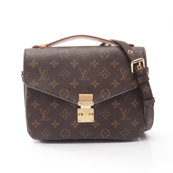 Product photograph of a structured monogram-canvas flap bag with a top handle.