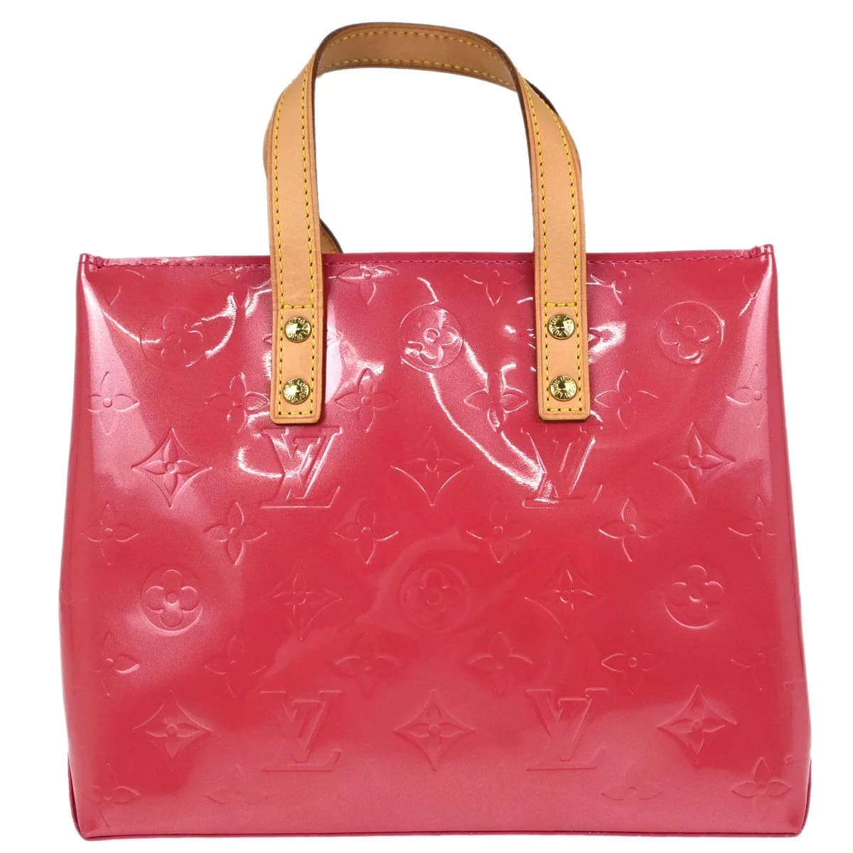 Compact glossy pink patent handbag with embossed monogram pattern and two short handles.