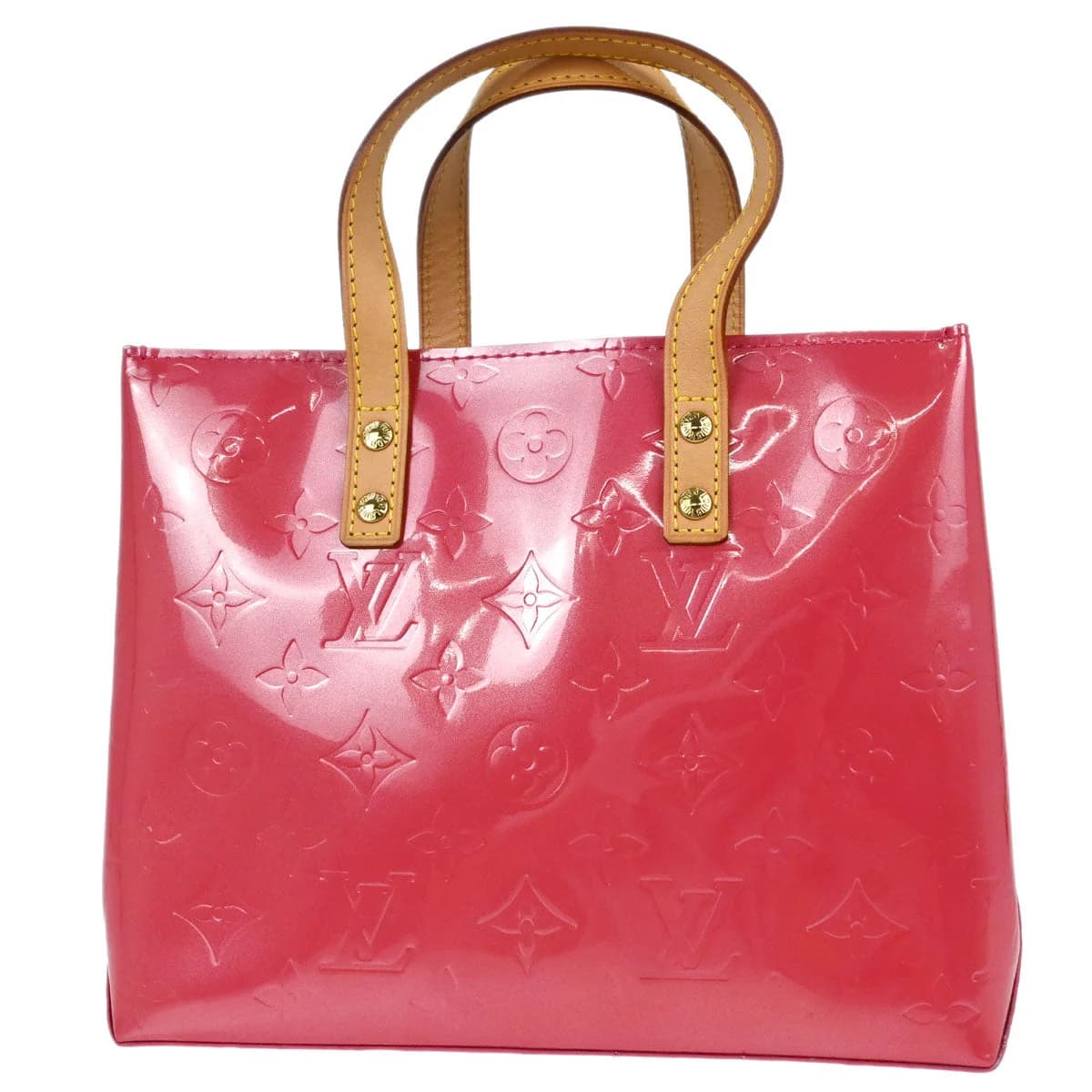 Compact glossy pink patent handbag with embossed monogram pattern and two short handles.