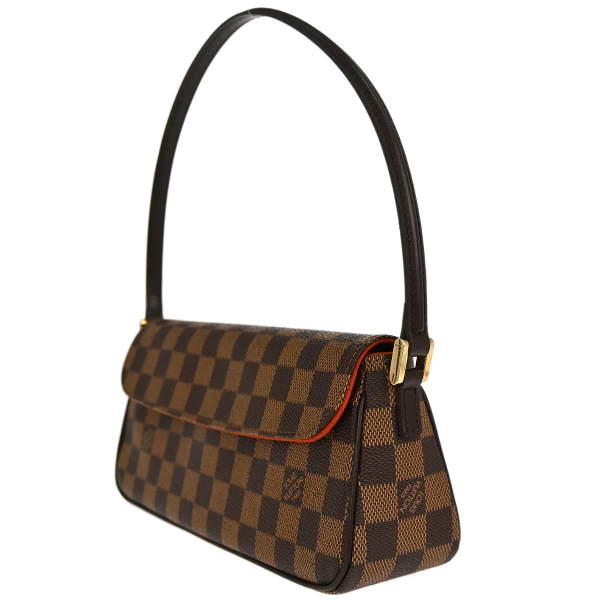 Brown checked-canvas handbag with leather trim, rolled handles and a flap closure.