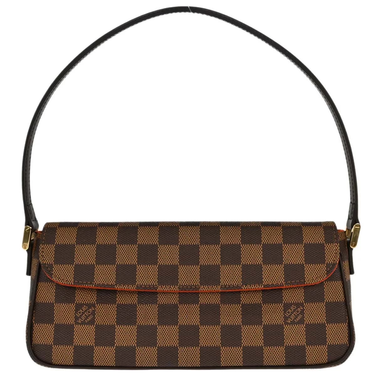 Brown checked-canvas handbag with leather trim, rolled handles and a flap closure.